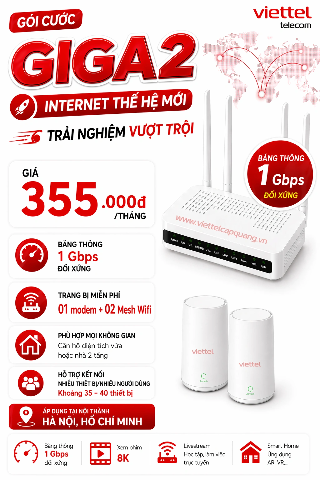 Giga2 — Gói Cáp Quang Viettel XGSPON 1Gbps + 2 Mesh WiFi 6
