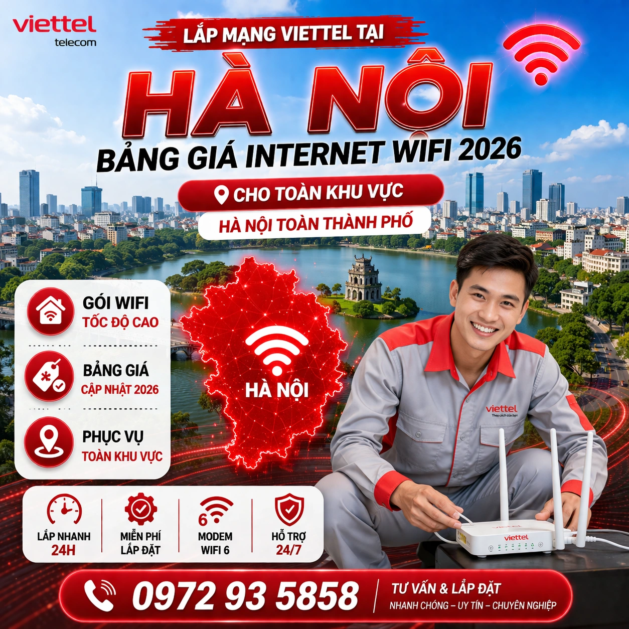 Lắp mạng Viettel tại Hà Nội - Bảng giá Internet cáp quang 2026 cho 12 quận nội thành và 18 huyện ngoại thành (2 mức giá nội/ngoại thành)