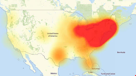 Một phần lớn nước Mỹ (màu đỏ) không thể truy cập vào rất nhiều trang mạng thông dụng trong ngày 21-10. 