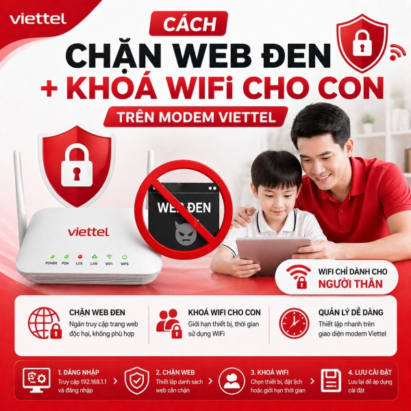 Cách Chặn Web Đen + Khoá WiFi Cho Con Trên Modem Viettel 2026 — 4 Phương Pháp Đầy Đủ Từ Cơ Bản Đến Nâng Cao