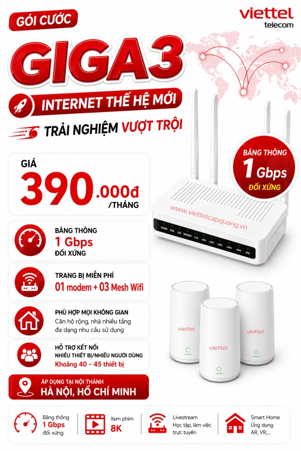 Giga2 Viettel 1Gbps – WiFi Mạnh Phủ Sóng Nhà 2 Tầng, Nhiều Thiết Bị