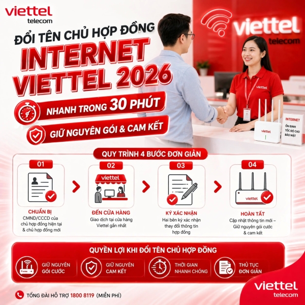 Đổi Tên Chủ Hợp Đồng Internet Viettel 2026 — Sang Tên Miễn Phí Trong 30 Phút, Giữ Nguyên Gói &amp; Cam Kết