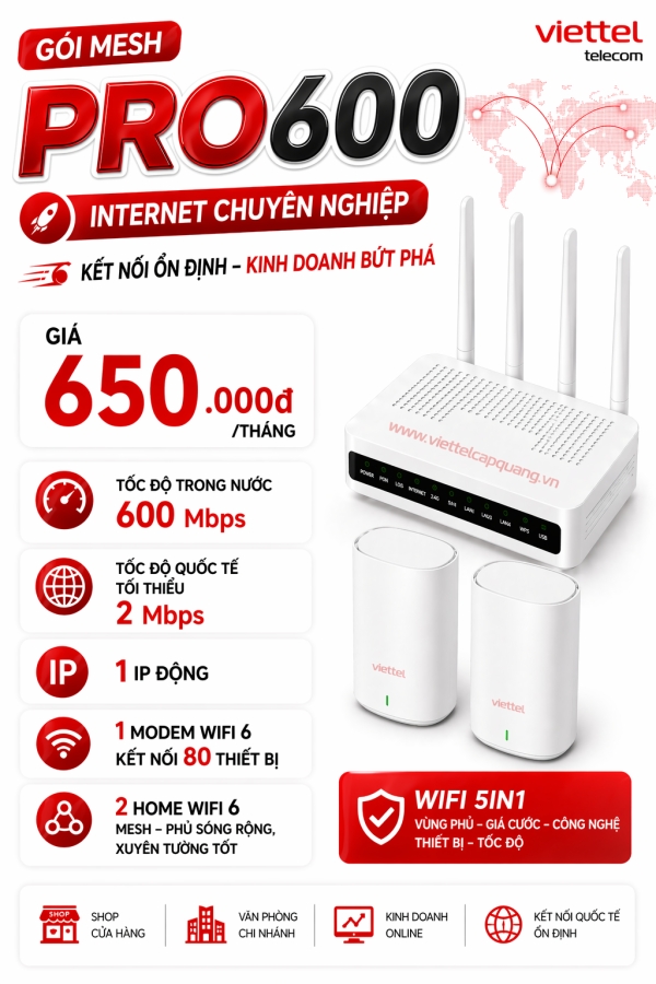 Gói PRO600 Viettel - Gói Cáp Quang Doanh Nghiệp 600Mbps - 500.000đ/Tháng