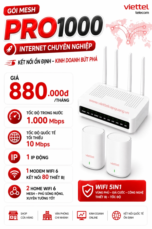 Gói PRO1000 Viettel - Internet Doanh Nghiệp 1Gbps Trong Nước, 10Mbps Quốc Tế