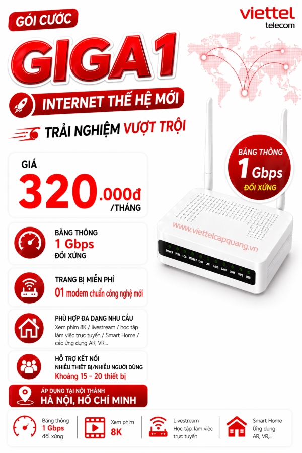 Giga1 Viettel 1Gbps – Internet Siêu Nhanh, Upload Mạnh Cho Gia Đình &amp; Cá Nhân
