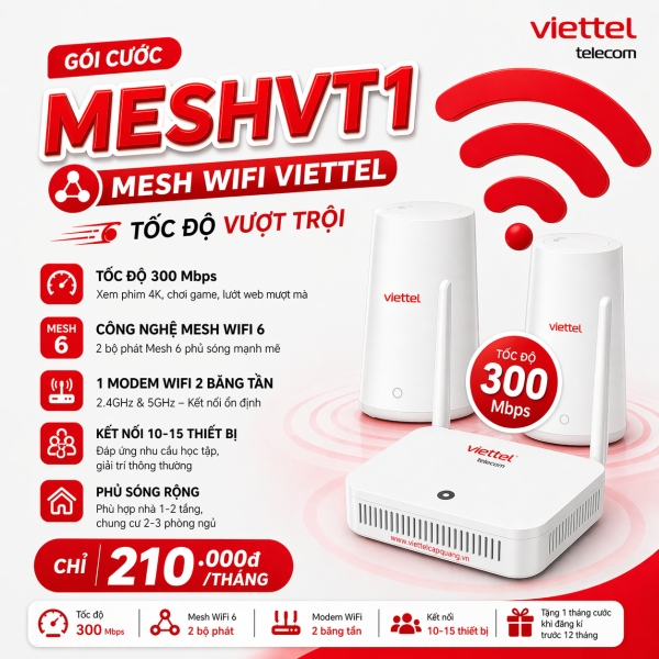 MESHVT1 – Gói Mesh WiFi Viettel 300Mbps Phủ Sóng Rộng Cho Nhà Nhiều Tầng